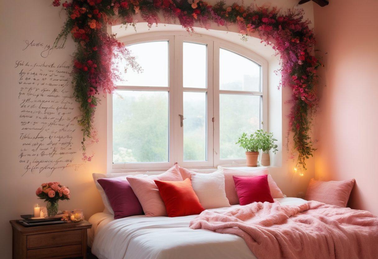 A serene, softly lit room featuring a cozy nook with plush cushions and a warm blanket, a person embracing themselves in a gentle hug, surrounded by blooming flowers symbolizing self-love. Subtle warm lighting filters through a window, illuminating the peaceful atmosphere and creating a sense of intimacy and comfort. Include delicate, hand-written quotes about the importance of pleasure and self-love on the walls. super-realistic. vibrant colors. soft focus.