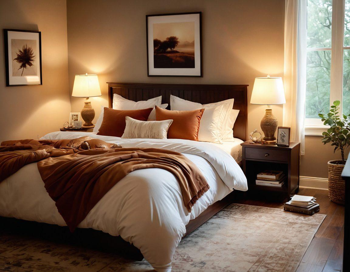 A cozy, inviting bedroom scene featuring a soft lit atmosphere with warm colors, highlighting a couple gently exploring each other's feelings, surrounded by plush pillows and calming decor. Subtle hints of playful accessories (like silk ties and feathered ticklers) enhance the ambiance, symbolizing trust and intimacy. Include a book on the bedside about healthy relationships, conveying a sense of learning and exploration. soft focus. warm tones. romantic atmosphere. 3D.